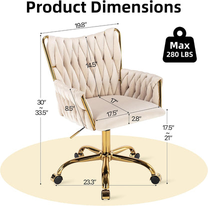Rose Pink Velvet Vanity Chair Gold Swivel Rolling Office Chair with Wheels