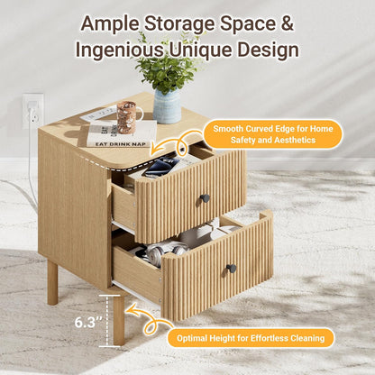 Modern Fluted Nightstand with Charging Station & 2 Drawers