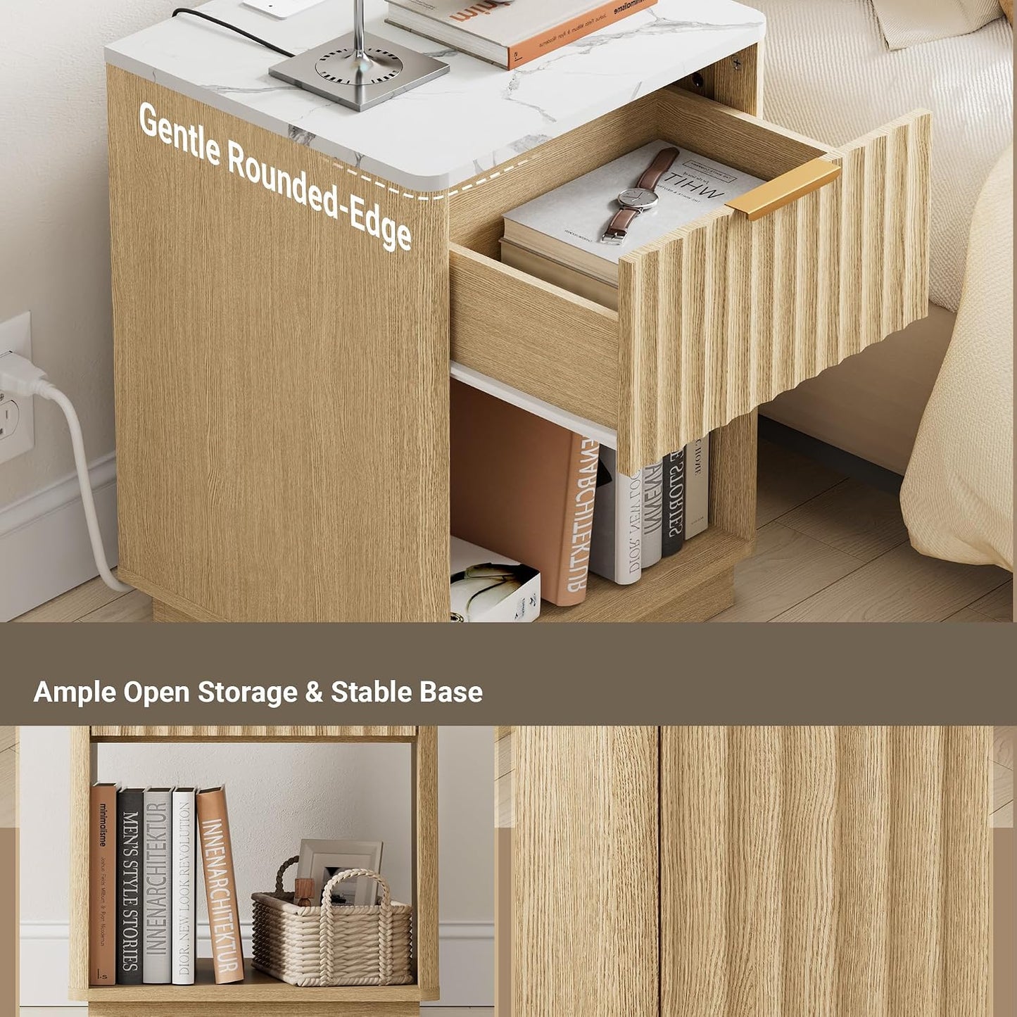 23" Modern Fluted Nightstand with Charging Station – Natural Oak Bedside Table