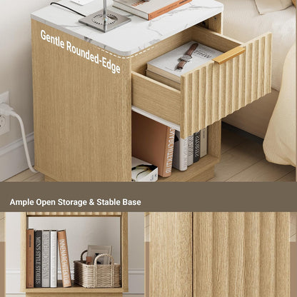 23" Modern Fluted Nightstand with Charging Station – Natural Oak Bedside Table