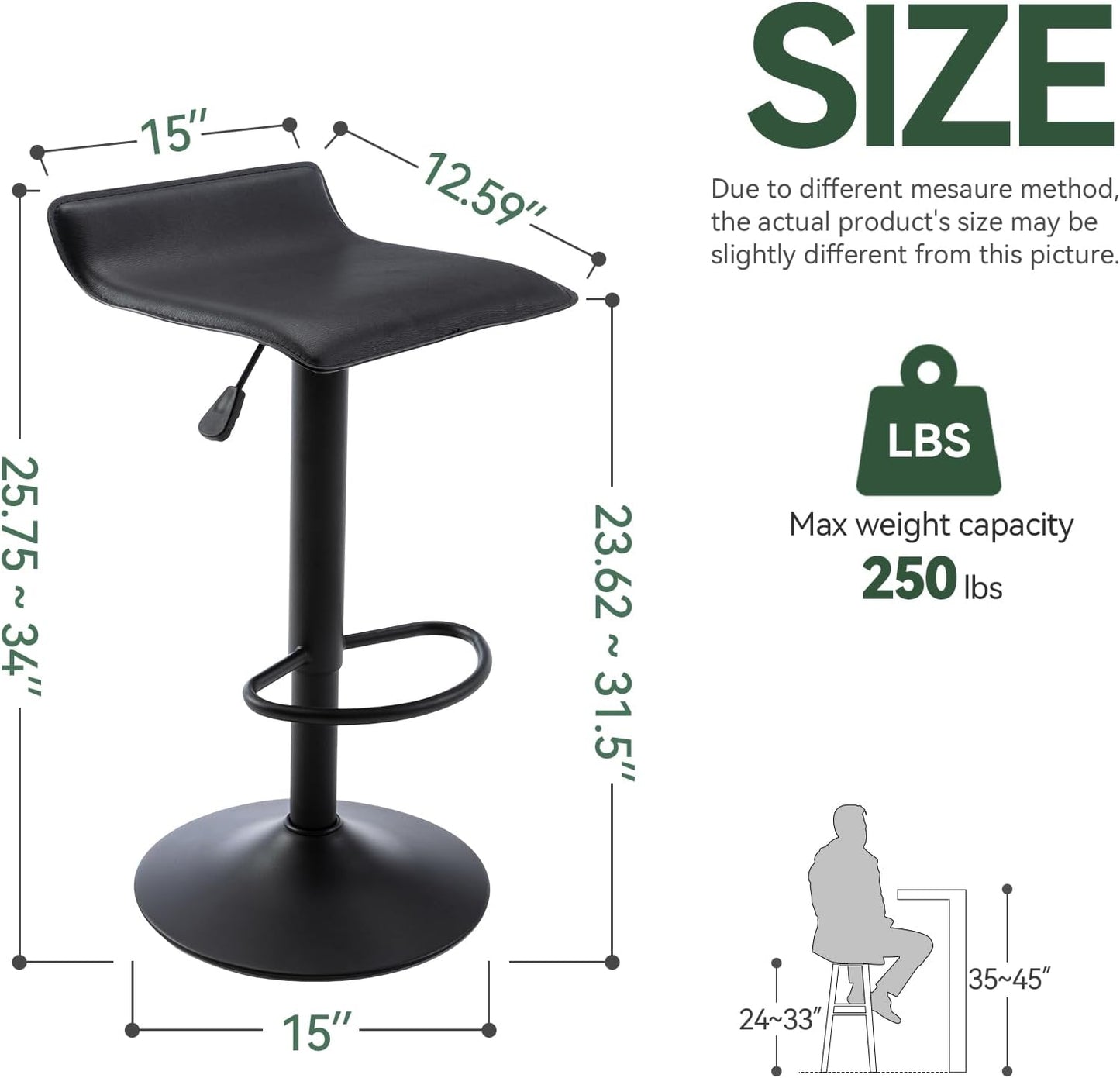 Black Adjustable Bar Stools Set of 2 Modern Swivel Backless Counter Chairs