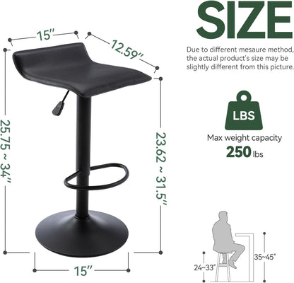 Black Adjustable Bar Stools Set of 2 Modern Swivel Backless Counter Chairs