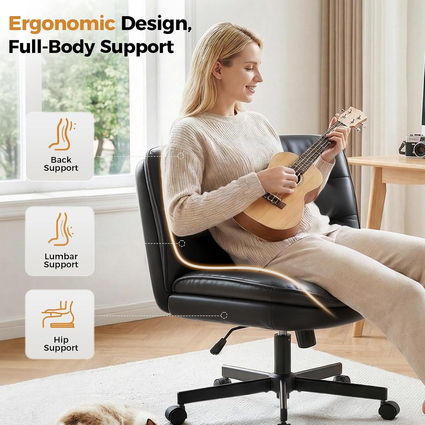 Beige Criss Cross Office Chair Wide Seat Swivel Rolling Vanity Desk Chair