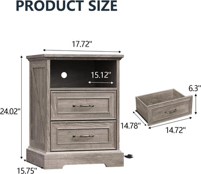 Farmhouse Nightstand with Charging Station 2 Drawers Off White Bedside Table