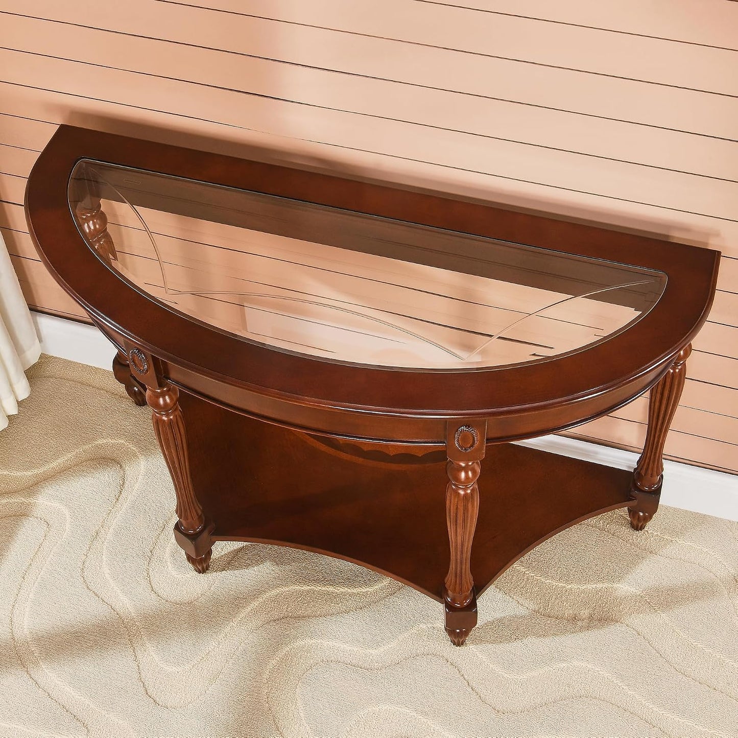 Solid Wood Demi Lune Console Table with Drawer and Storage Shelf