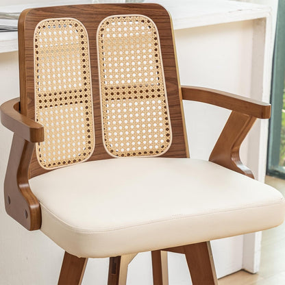 Walnut Rattan Swivel Counter Stool with Arms Green Upholstered Seat