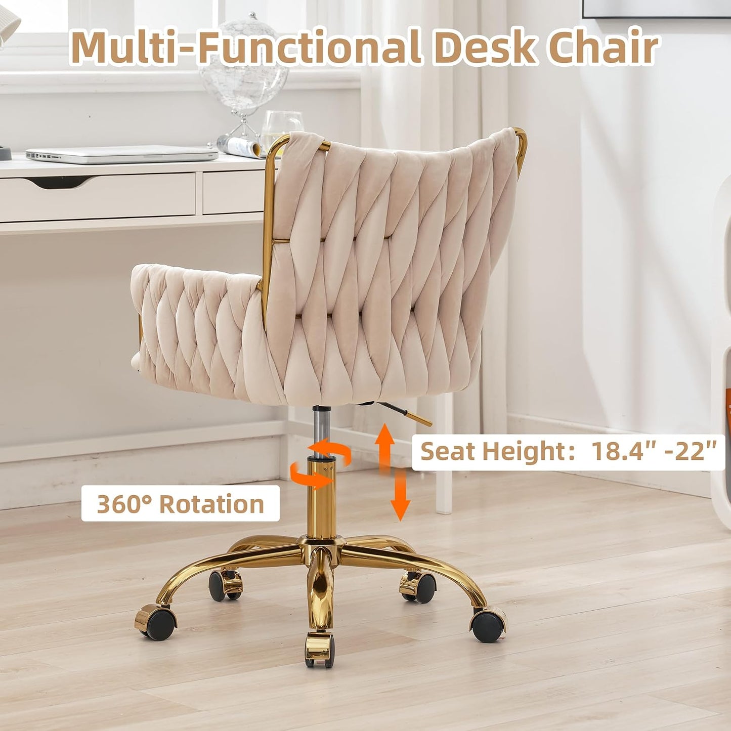 Rose Pink Velvet Vanity Chair Gold Swivel Rolling Office Chair with Wheels
