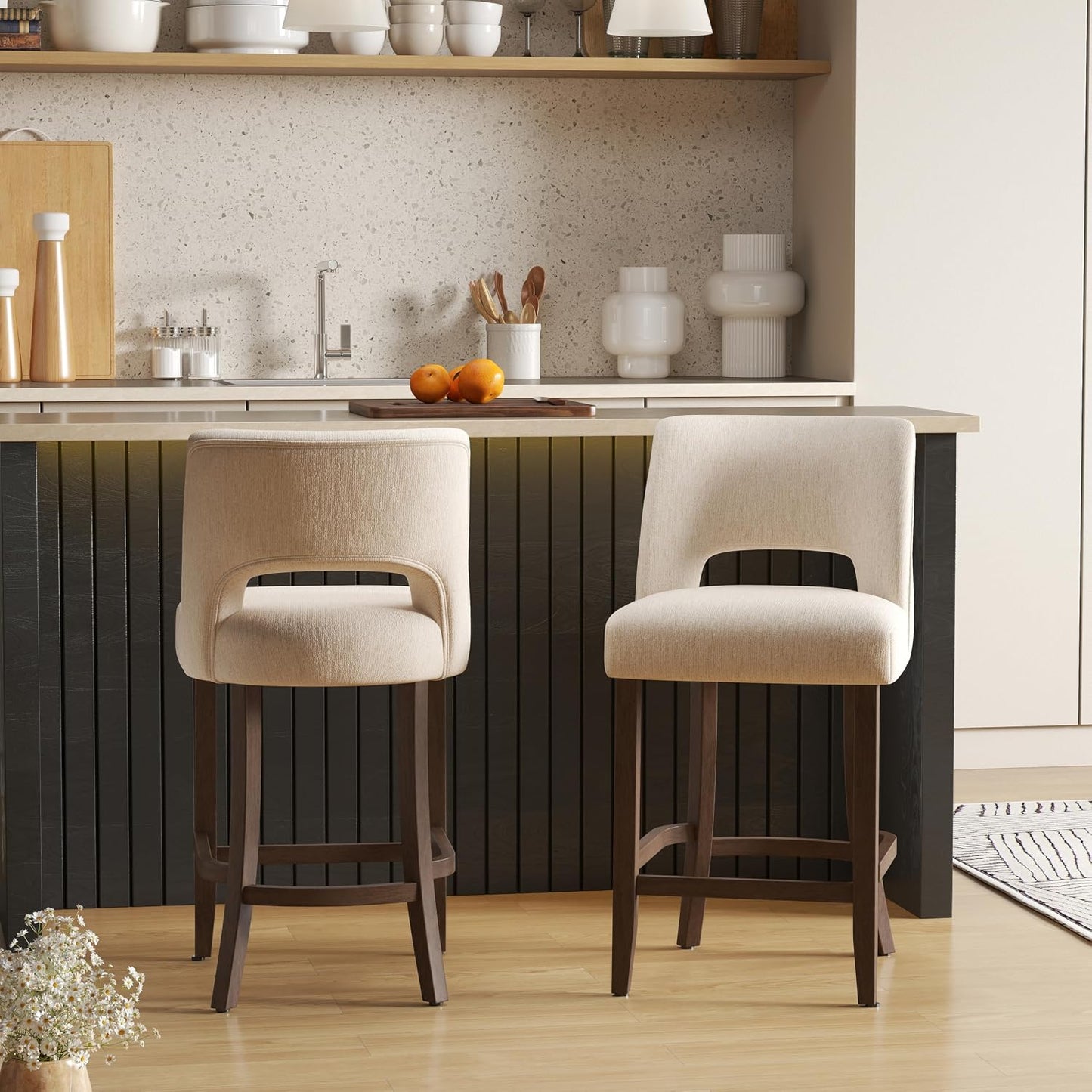 26 Inch Green Upholstered Counter Height Bar Stools Rubberwood Set of 2