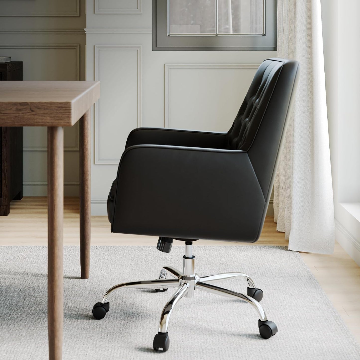Khaki Leather Office Chair Tufted Adjustable Swivel Desk Chair with Arms