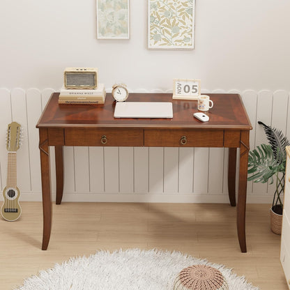 Vintage Solid Wood Writing Desk with 2 Drawers Cherry Brown Secretary Table