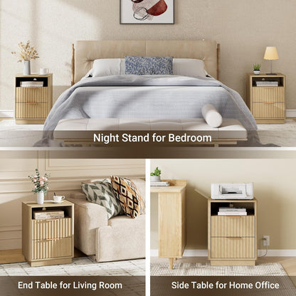 Modern Fluted 2-Drawer Nightstand with Charging Station – Natural Oak