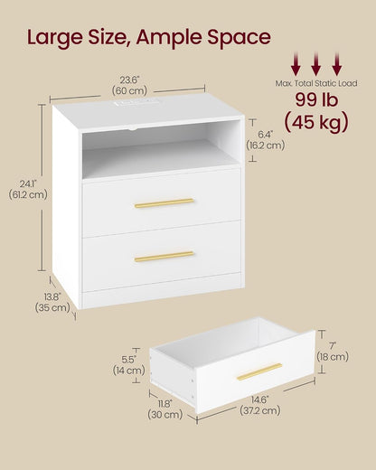 Modern Misty Gray Nightstand with LED Lights & Charging Station – 2-Drawer Bedside Table