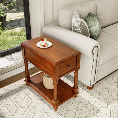 Solid Wood Narrow Nightstand with Drawer Cherry Brown Bedside End Table