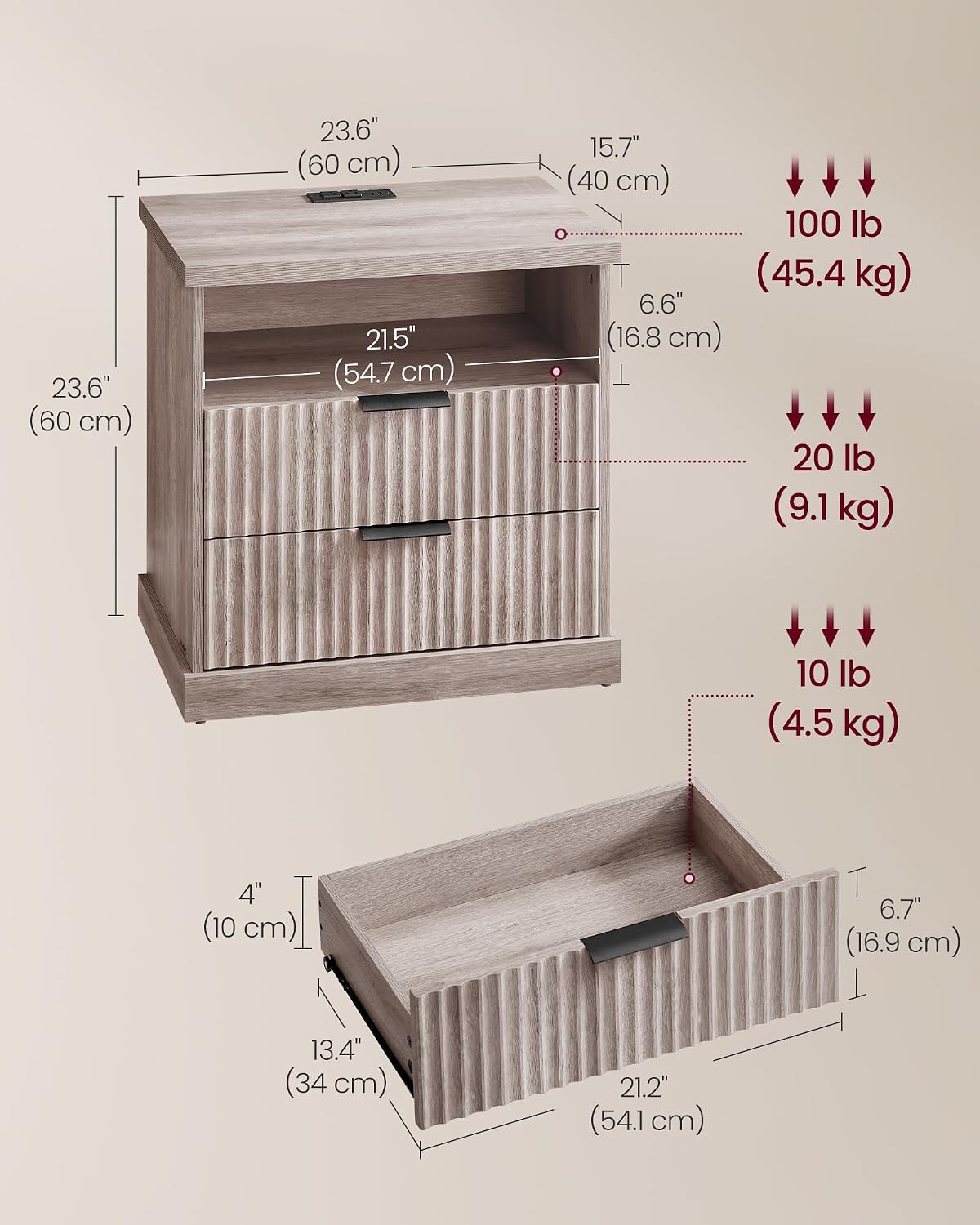Modern Oak Beige Nightstand with Charging Station – 2-Drawer Fluted Bedside Table
