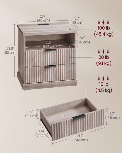 Modern Oak Beige Nightstand with Charging Station – 2-Drawer Fluted Bedside Table