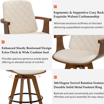 Walnut Swivel Bar Stool with Arms Beige Faux Leather Mid Century Chair
