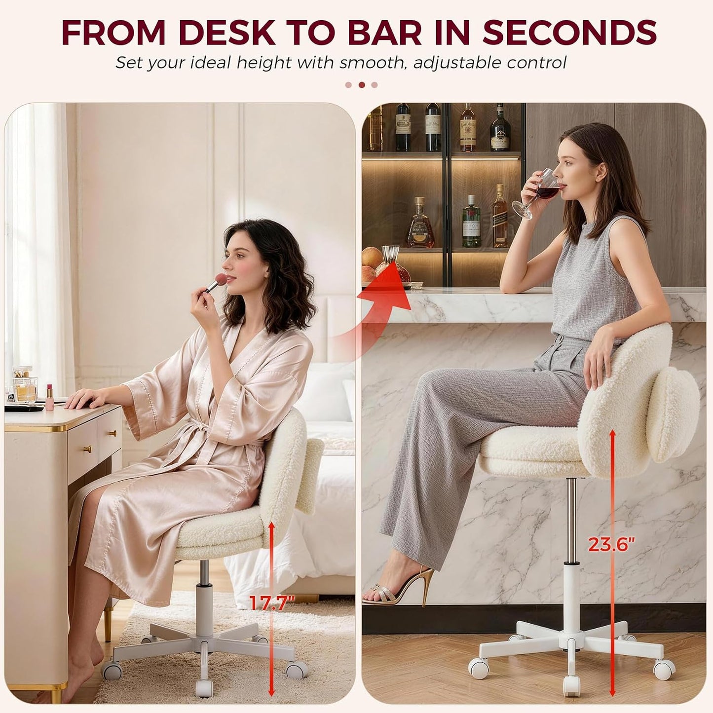 Pink Velvet Vanity Chair Adjustable Swivel Rolling Desk Chair with Lumbar Pillow