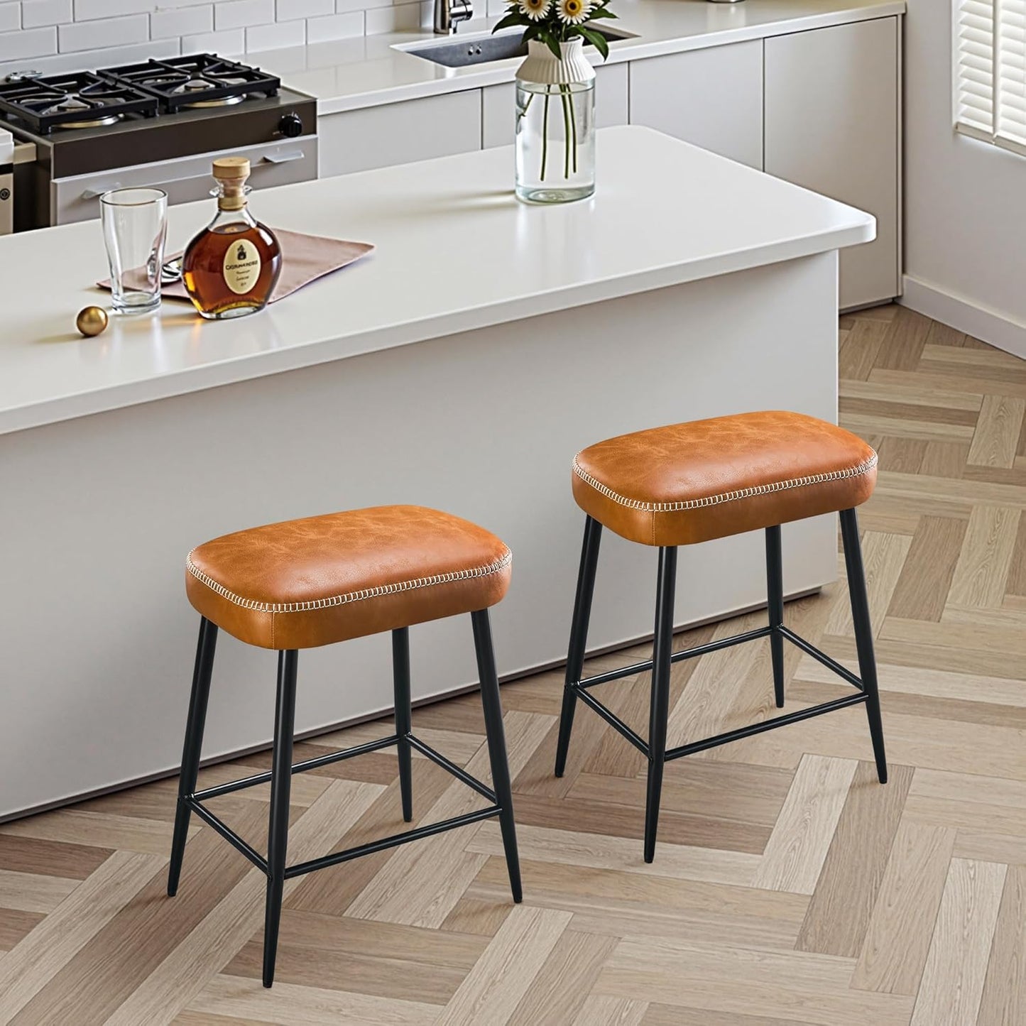 Black Counter Height Bar Stools Set of 2 Upholstered Saddle Seats