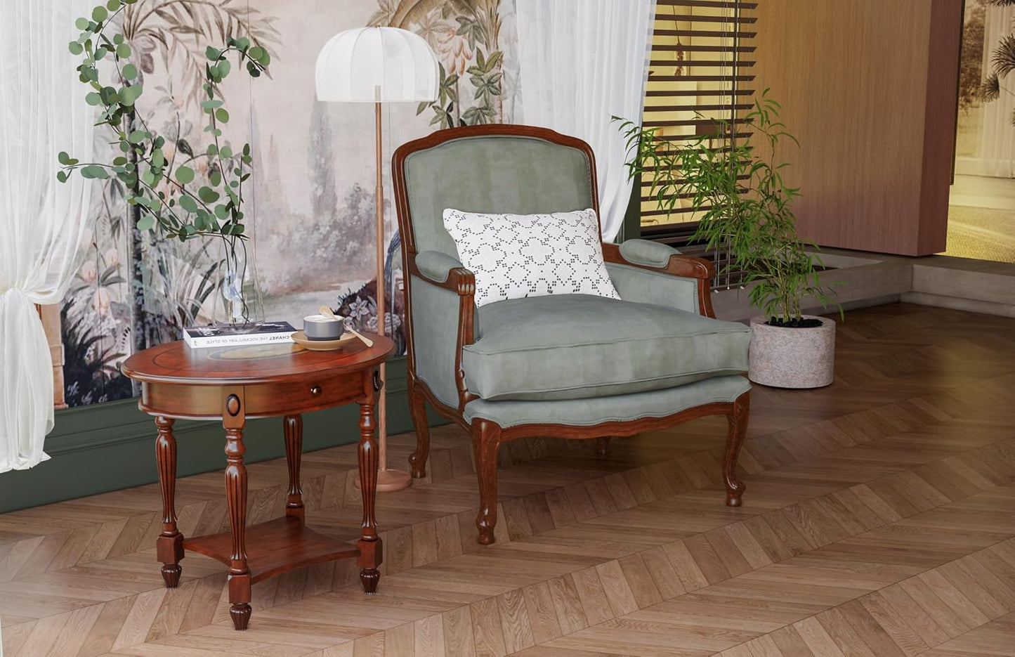 Solid Wood Oval End Table with Drawer and Lower Storage Shelf