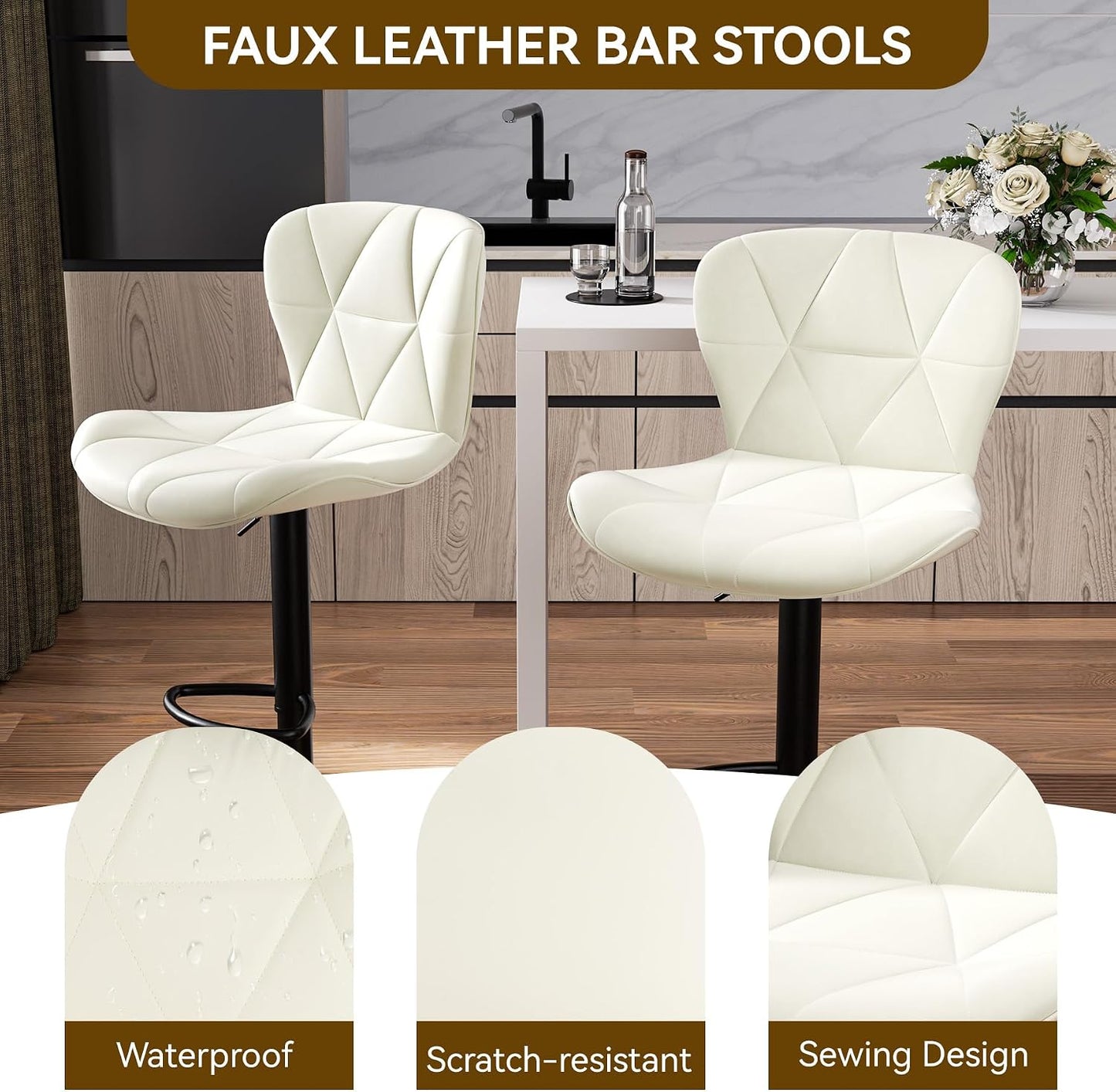 Black Swivel Bar Stools Set of 2 Adjustable Faux Leather Kitchen Chairs