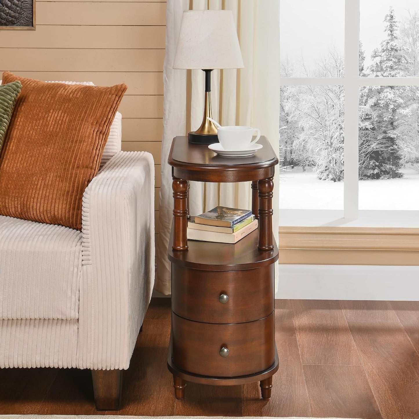 Solid Wood Slim End Table with 2 Drawers & Storage Shelf – Beewax Tone