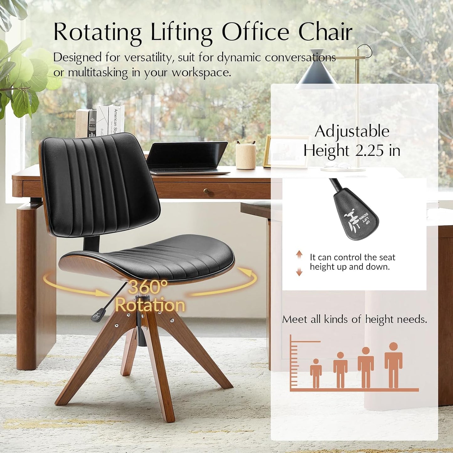 Sage Faux Leather Swivel Desk Chair Adjustable Height Wood Legs Mid Century