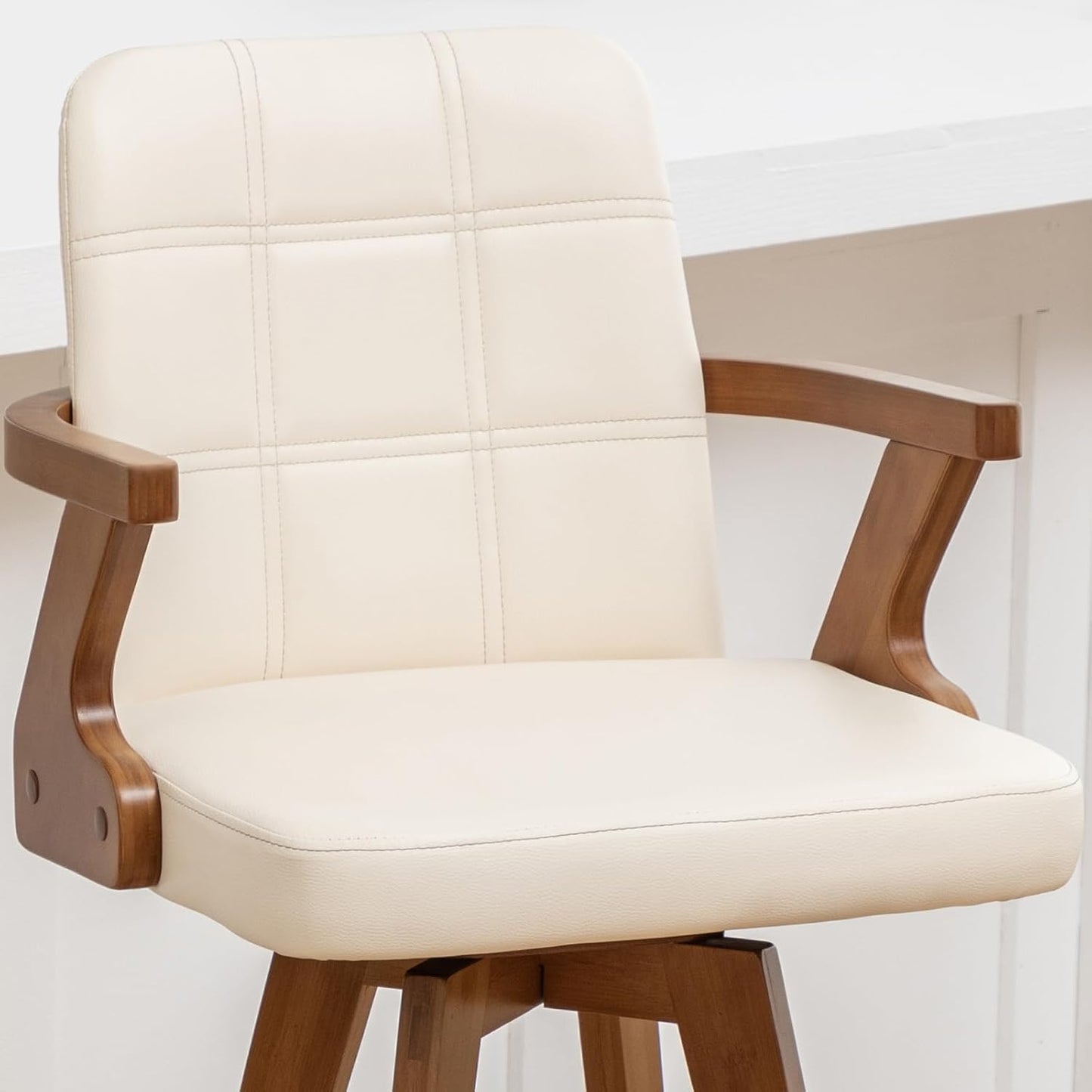 Walnut Black Swivel Counter Stool with Arms Mid Century Upholstered Bar Chair