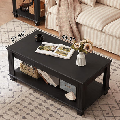 Farmhouse Walnut Coffee Table with Open Storage Shelf Rustic Wood Center Table