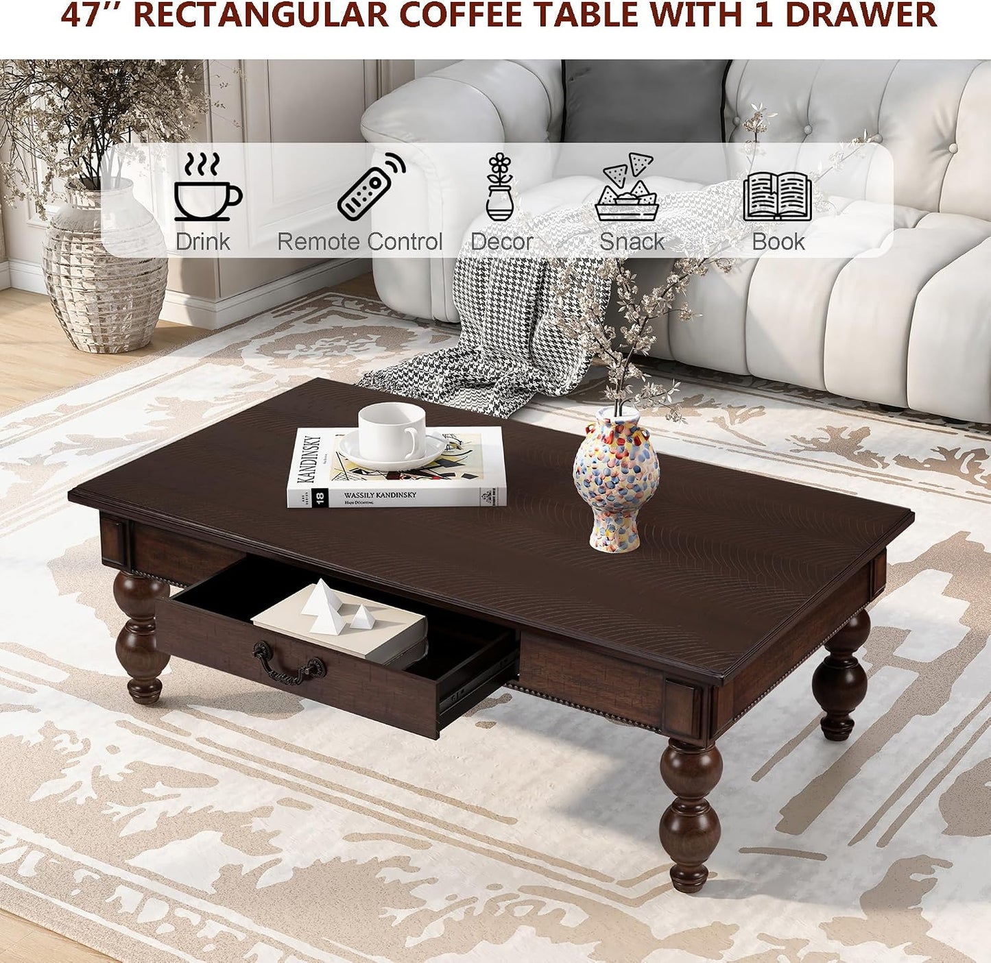 Traditional Walnut Coffee Table with Drawer Rustic Farmhouse Wood Living Room Table