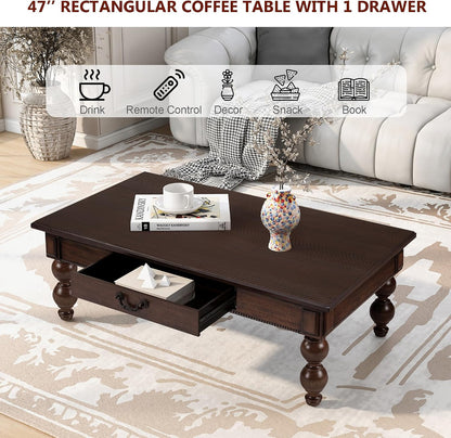 Traditional Walnut Coffee Table with Drawer Rustic Farmhouse Wood Living Room Table