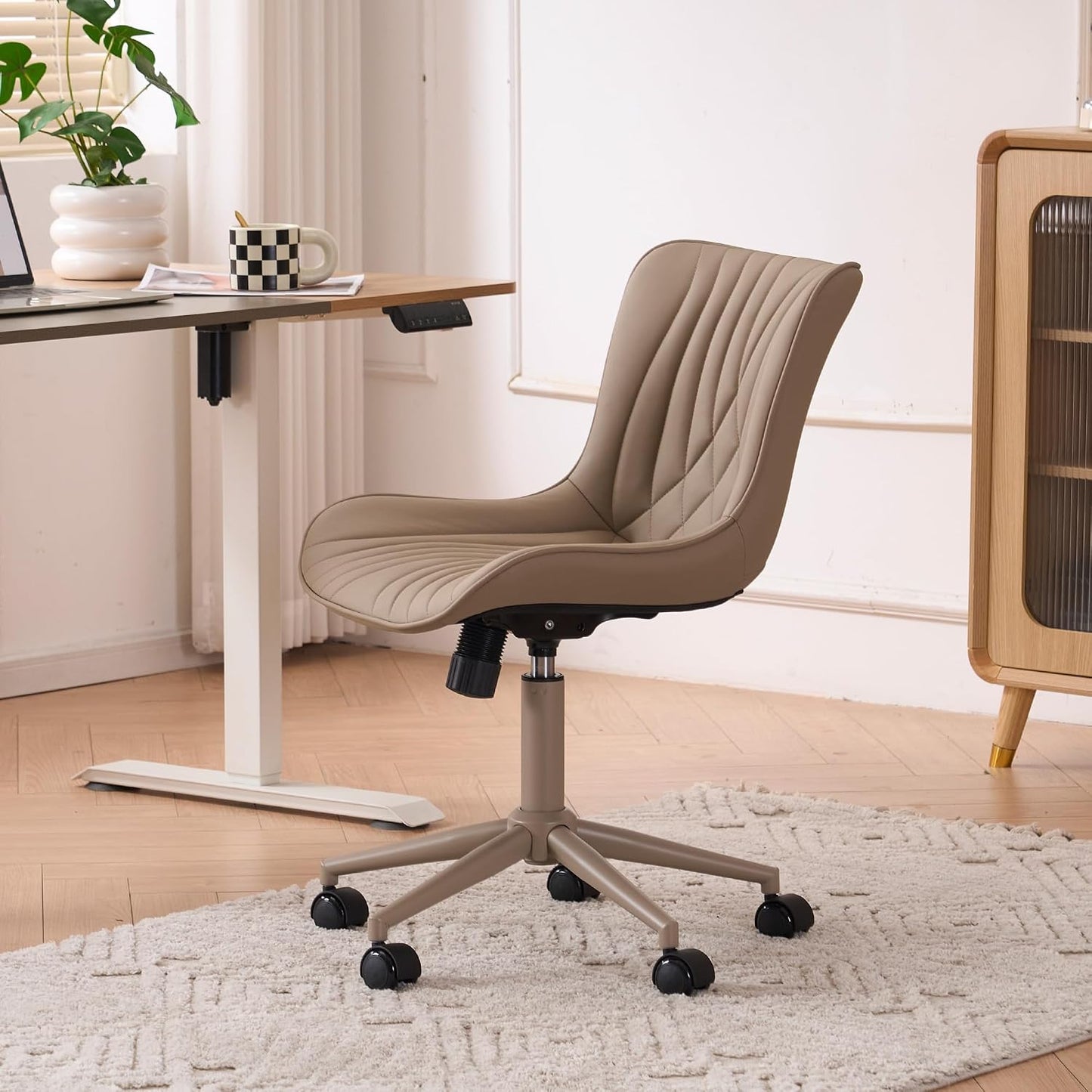 Brown Faux Leather Office Chair Adjustable Swivel Rolling Armless Desk Chair