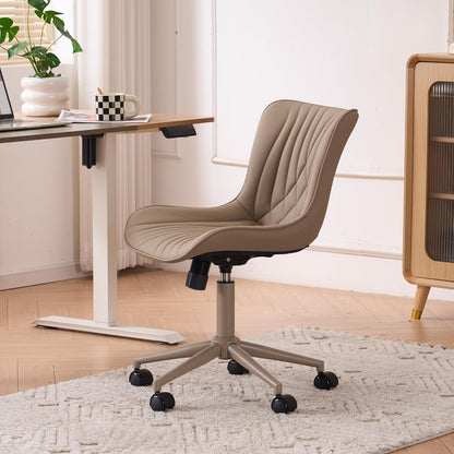 Brown Faux Leather Office Chair Adjustable Swivel Rolling Armless Desk Chair