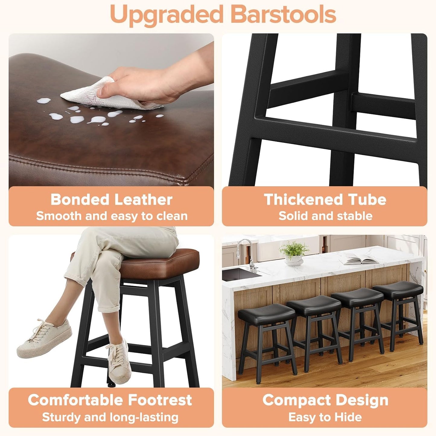 24 Inch Black Counter Height Bar Stools Set of 2 Bonded Leather Saddle Seats