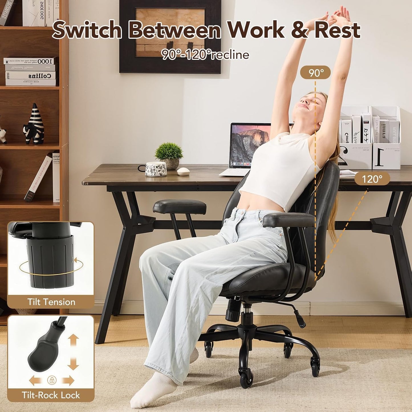 Brown Leather Office Chair Ergonomic Swivel Desk Chair with Lumbar Support and Wheels