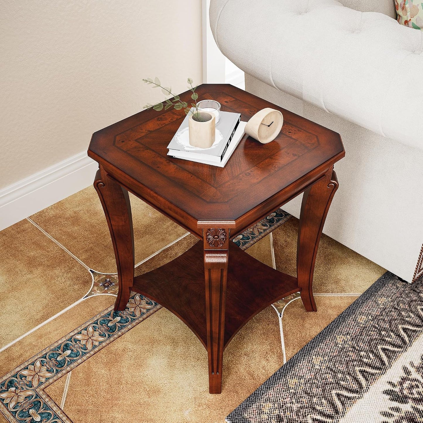 Solid Wood Square End Table with Glass Top and Storage Shelf