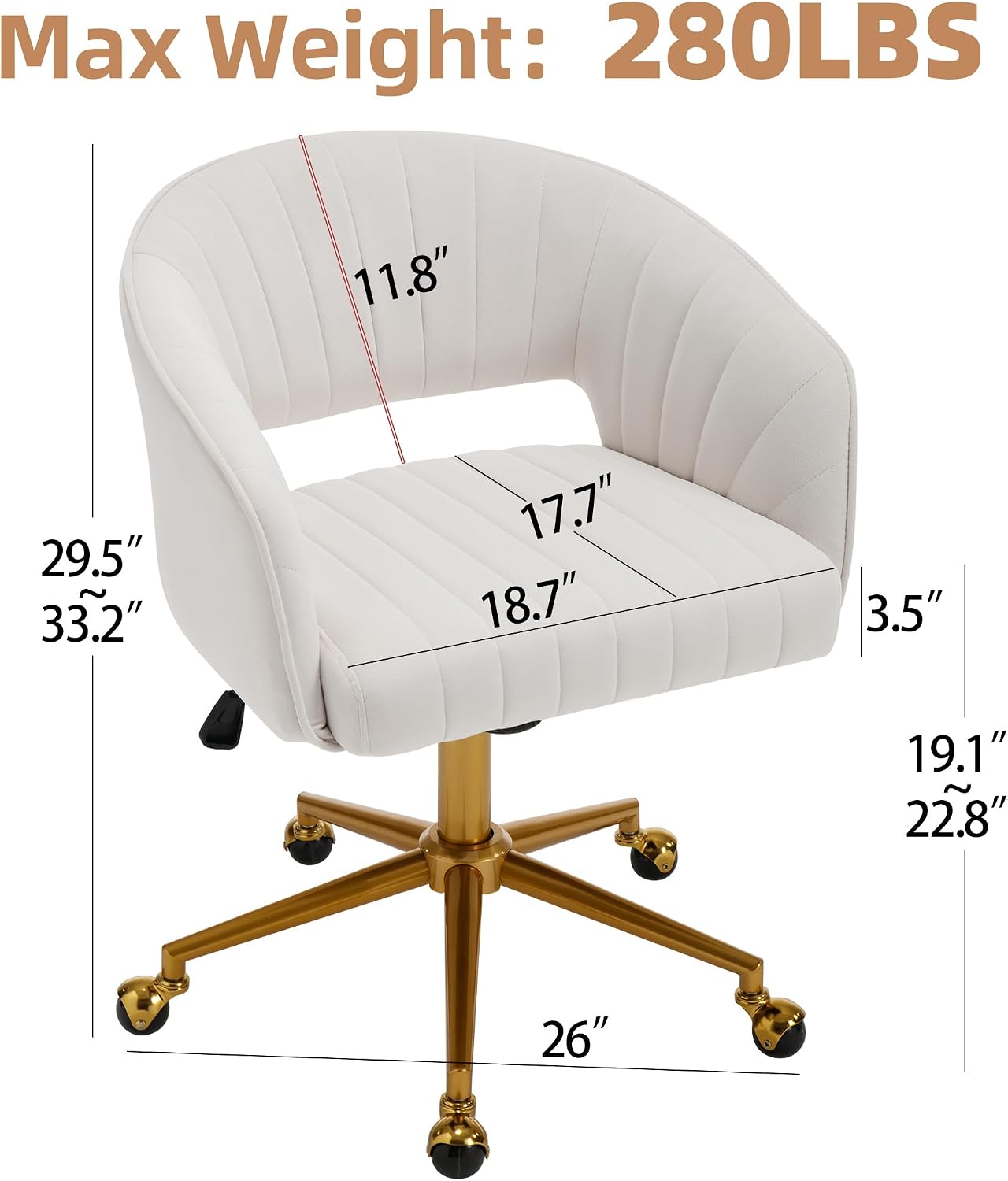 Red Velvet Swivel Desk Chair Adjustable Vanity Chair with Gold Base and Wheels