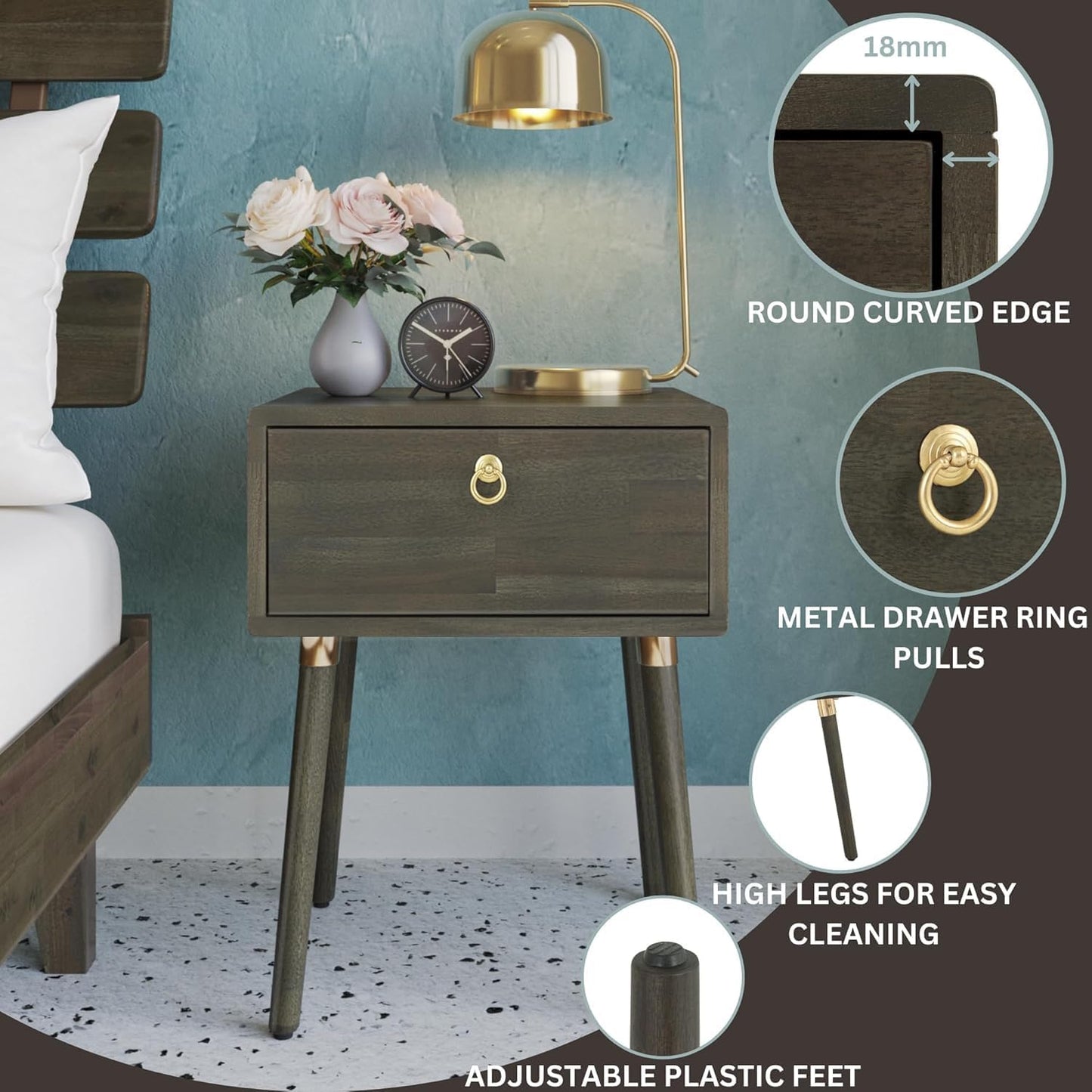 Solid Acacia Wood Nightstand with Drawer – Caramel Mid-Century Side Table