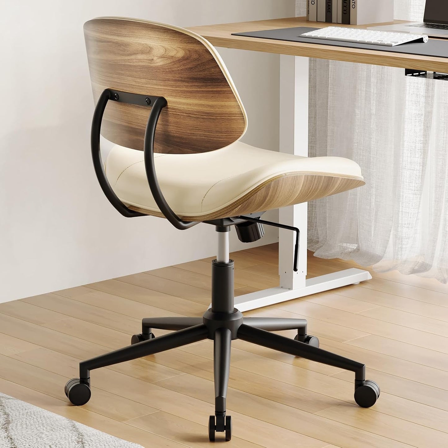 Black PU Leather Office Chair Armless Swivel Desk Chair with Walnut Back and Wheels