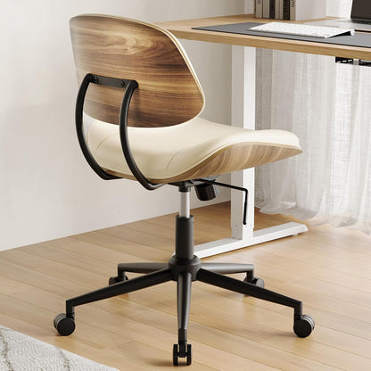Black PU Leather Office Chair Armless Swivel Desk Chair with Walnut Back and Wheels