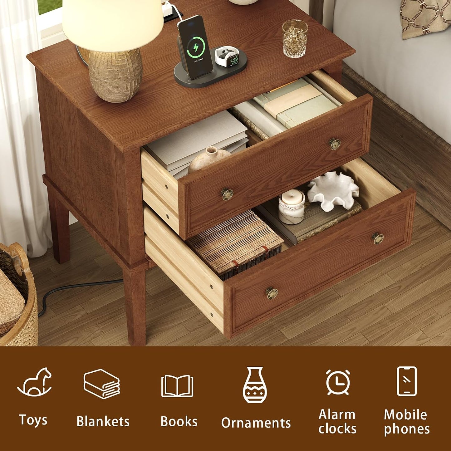 Solid Wood 2-Drawer Nightstand with Charging Station – Teak Farmhouse Bedside Table