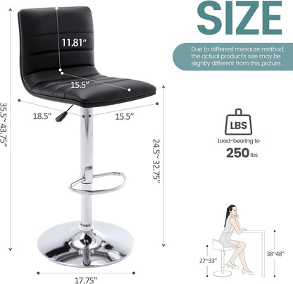 Black Adjustable Bar Stools Set of 2 Modern Swivel Faux Leather Chairs
