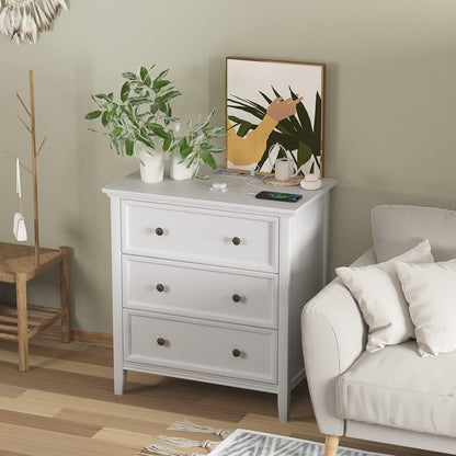 Solid Wood 3-Drawer Nightstand with Charging Station – White Farmhouse Bedside Table