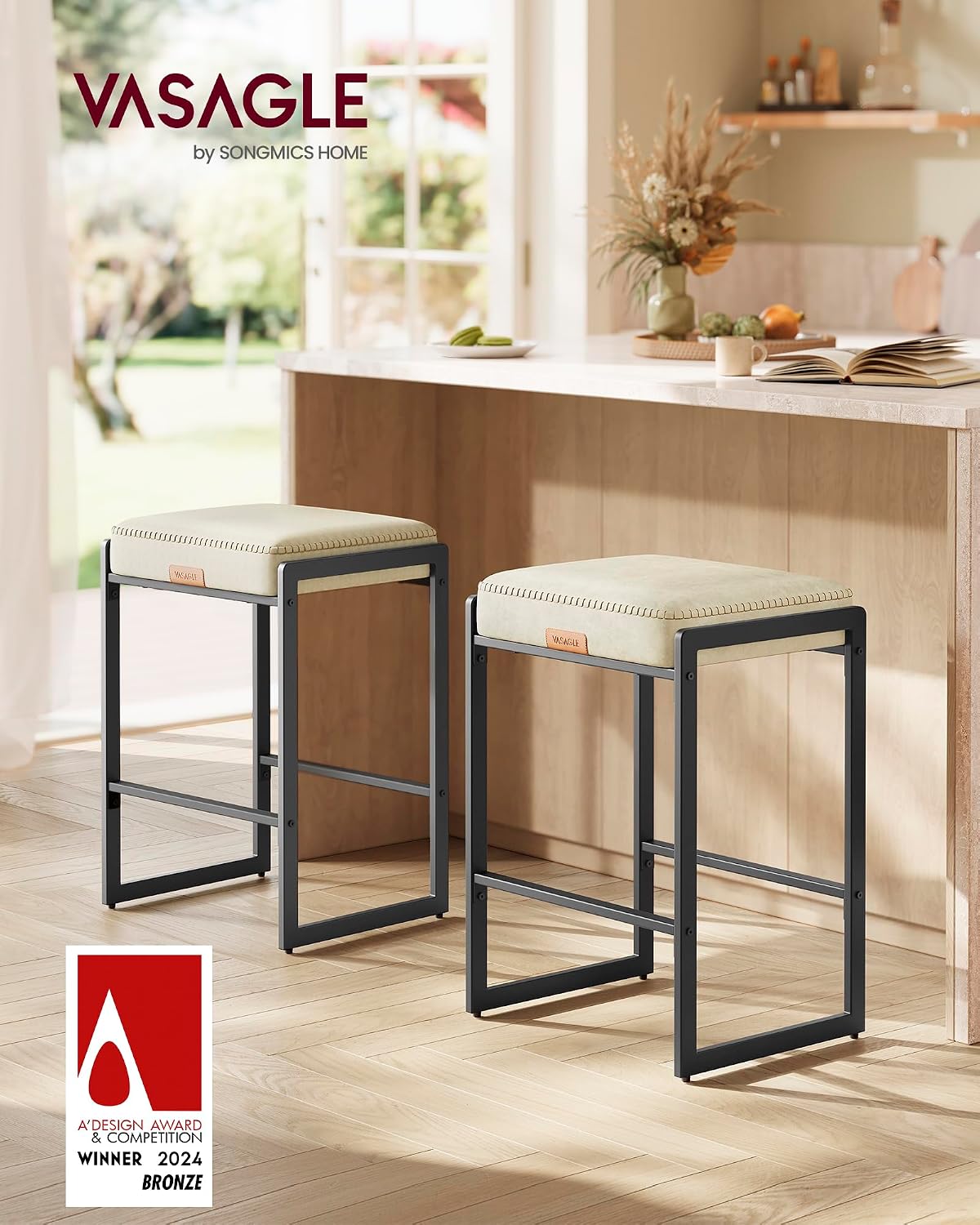 26 Inch Caramel Brown Counter Stool Upholstered Saddle Kitchen Bar Chair