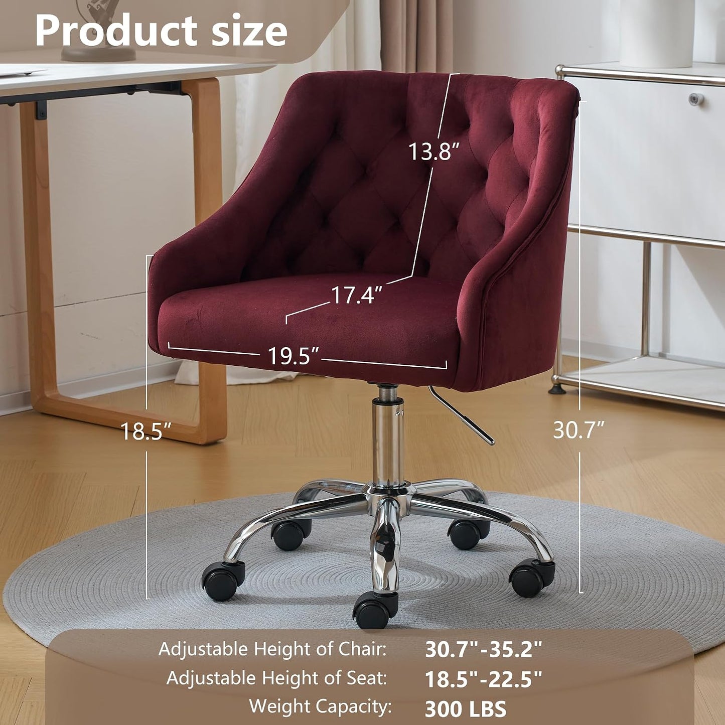 Ivory Velvet Office Chair Tufted Adjustable Swivel Vanity Chair with Wheels