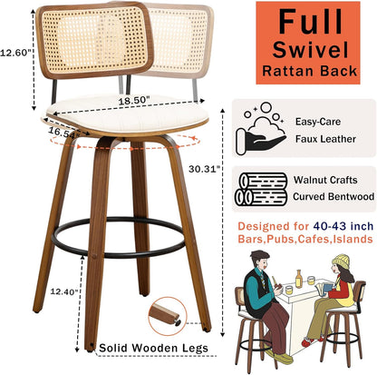 Walnut Rattan Swivel Bar Stool Cane Back Beige Faux Leather 30 Inch