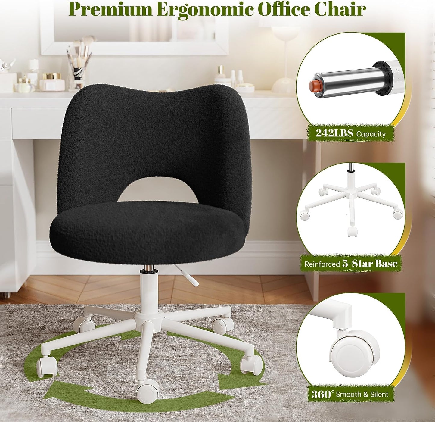 White Teddy Vanity Chair Armless Adjustable Swivel Desk Chair with Wheels