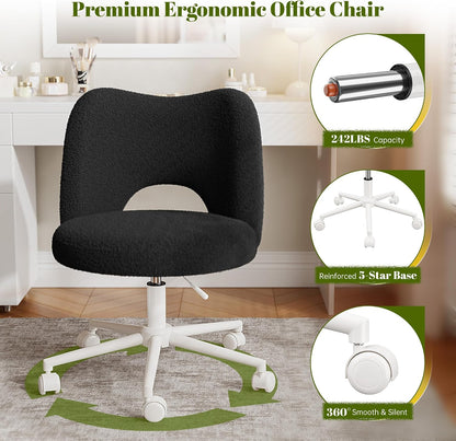 White Teddy Vanity Chair Armless Adjustable Swivel Desk Chair with Wheels
