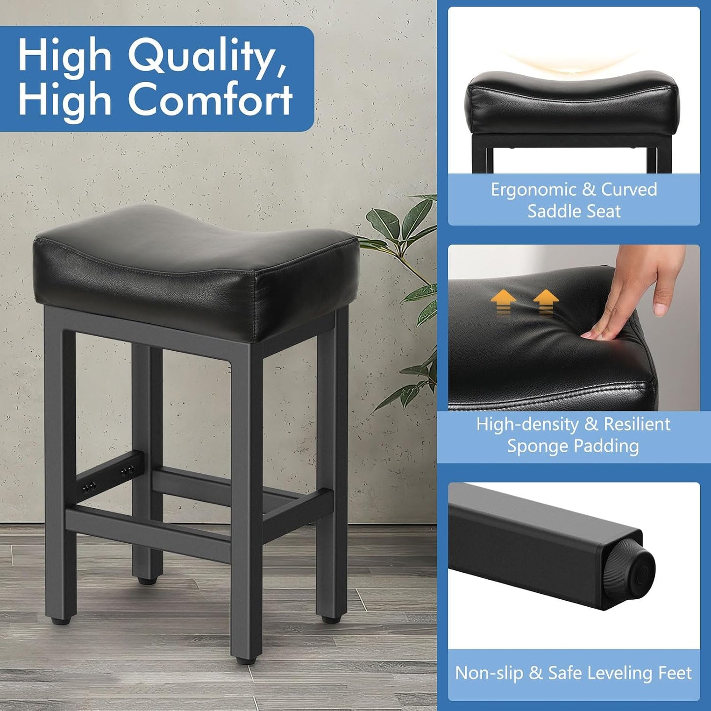 Gray Counter Height Bar Stools Set of 2 Upholstered Saddle Kitchen Seats