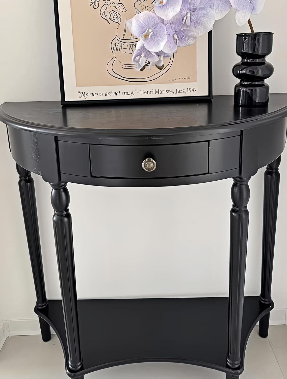Solid Wood Half Moon Console Table with Drawer Cherry Wood Entryway Table