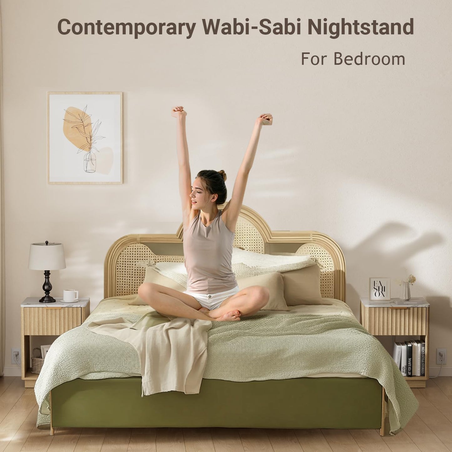 Modern Fluted Nightstand with Charging Station – Natural Oak Bedside Table